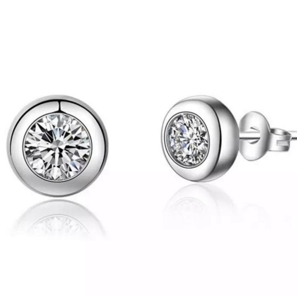 NEW S925 Minimalist Round Bezel Solitaire Earring - Picture 2 of 6